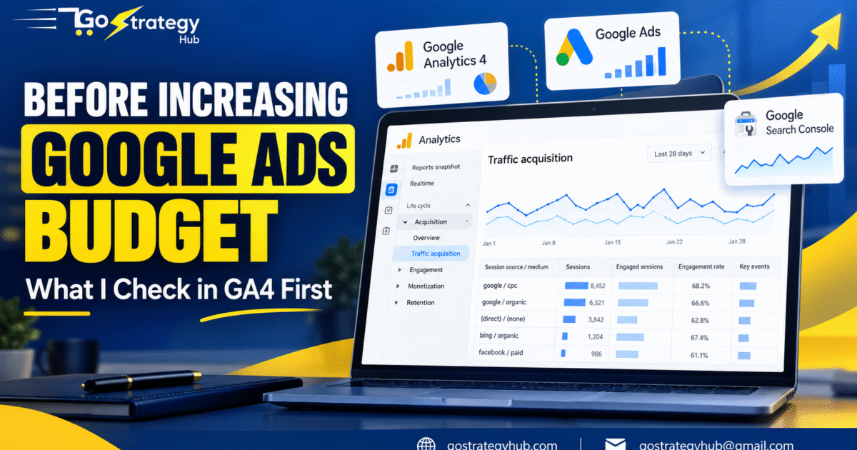 GoStrategyHub featured image showing what to check in GA4 before increasing Google Ads budget.