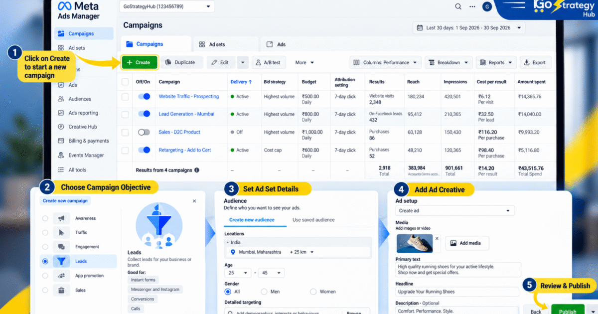 Facebook Ads complete beginner’s guide showing Meta Ads campaign setup